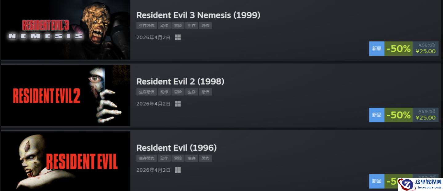 卡普空原版《生化危机》三部曲初代 / 二代 / 三代游戏登 Steam 平台，首发价均 25 元