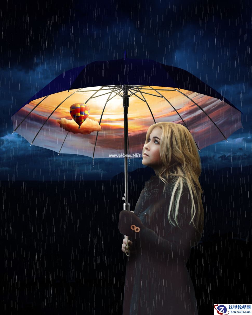 Photoshop创意合成雨伞下的晴空场景