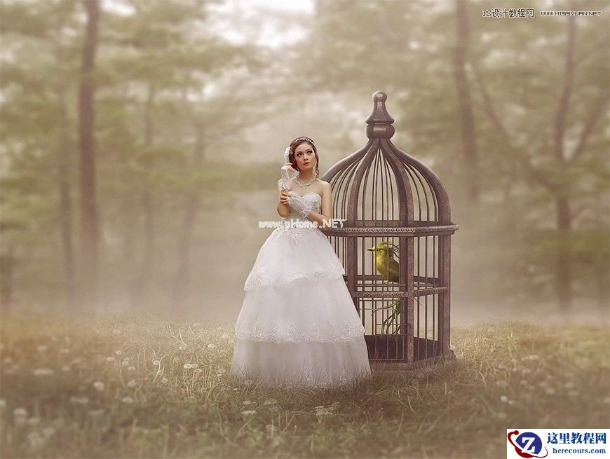 Photoshop创意合成森林中的新娘和鸟笼