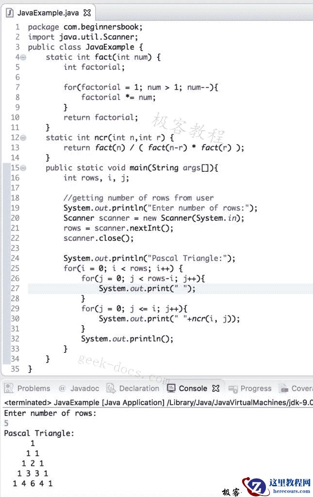 Java 实例 打印 Pascal 三角形