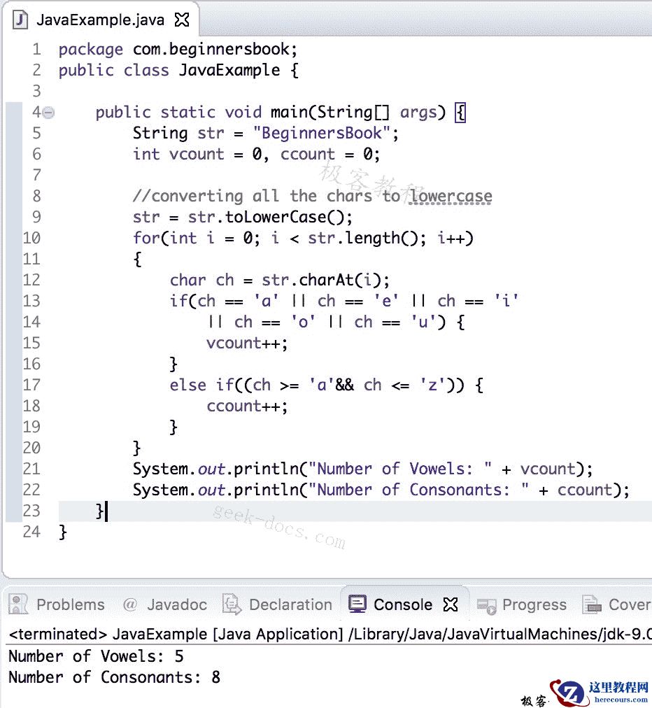 Java 实例 计算字符串中的元音和辅音