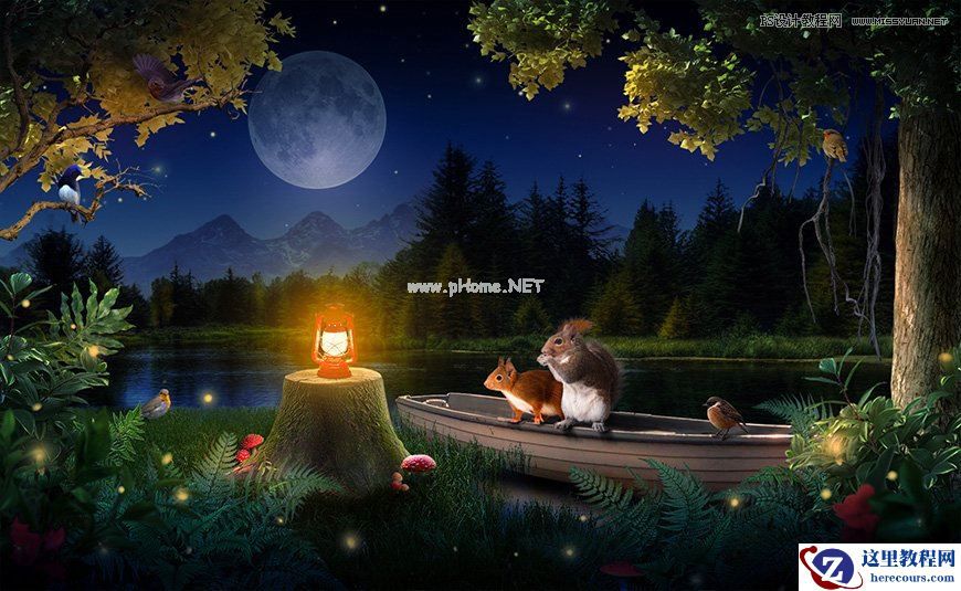 Photoshop合成森林中马灯下的小动物