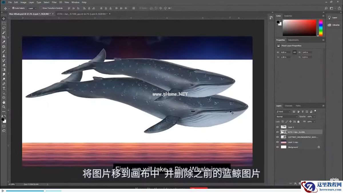 Photoshop创意合成被热气球带飞的鲸鱼