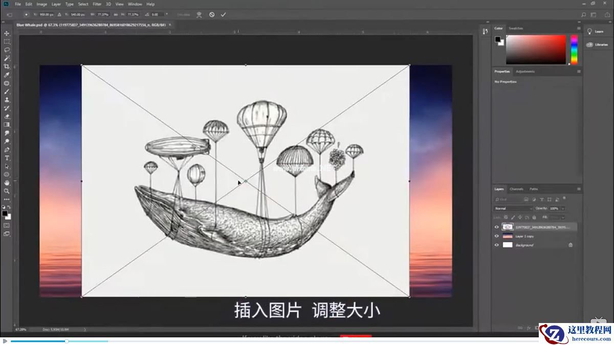 Photoshop创意合成被热气球带飞的鲸鱼