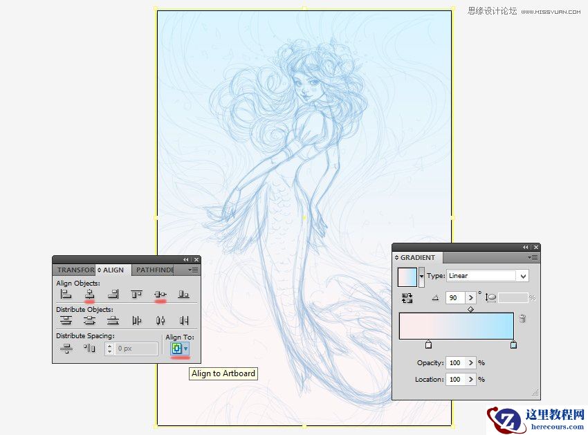 Illustrator绘制唯美的水彩美人鱼插图