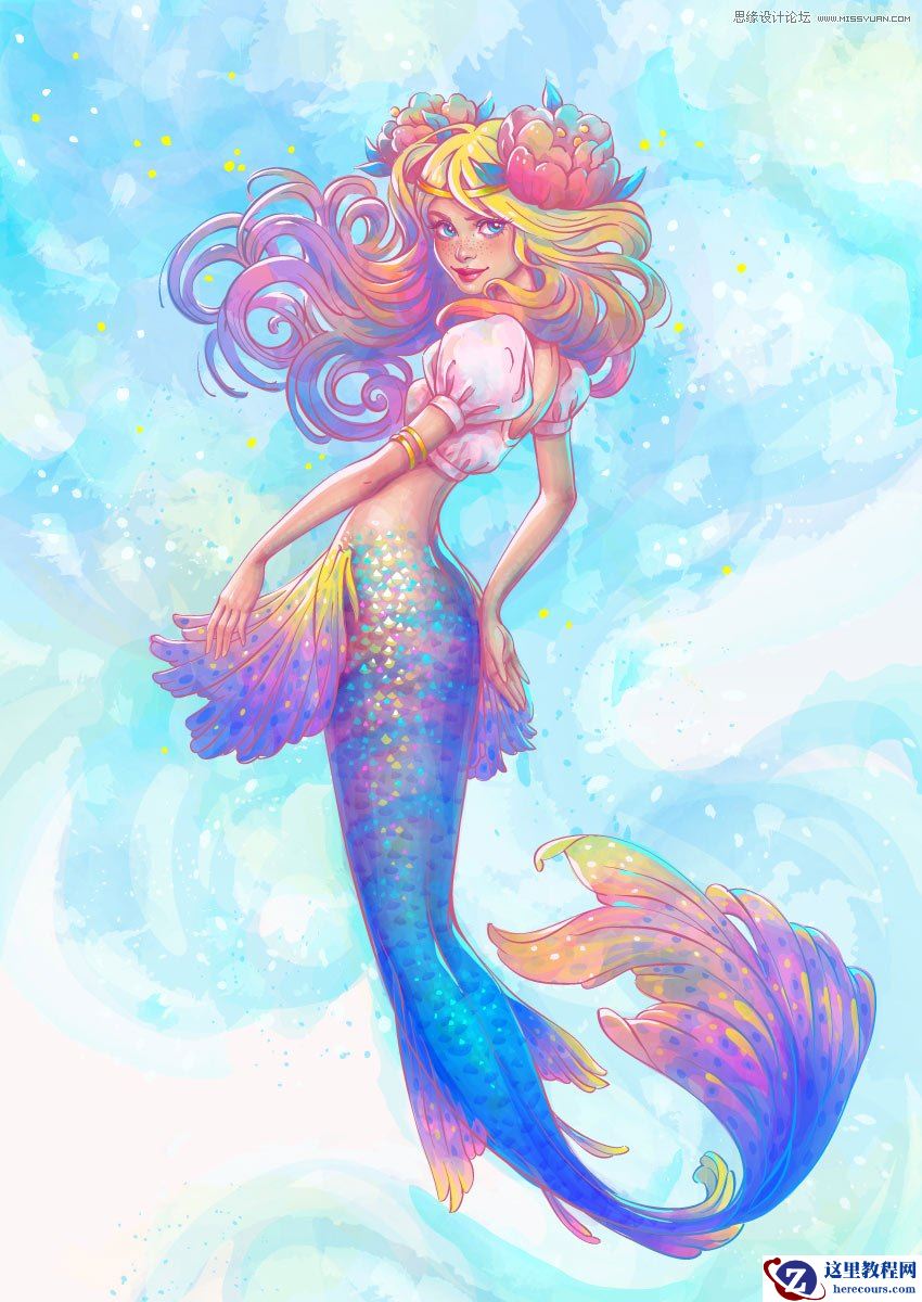 Illustrator绘制唯美的水彩美人鱼插图