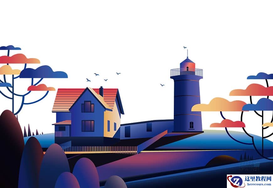 Illustrator绘制磨砂噪点风格的海边插画