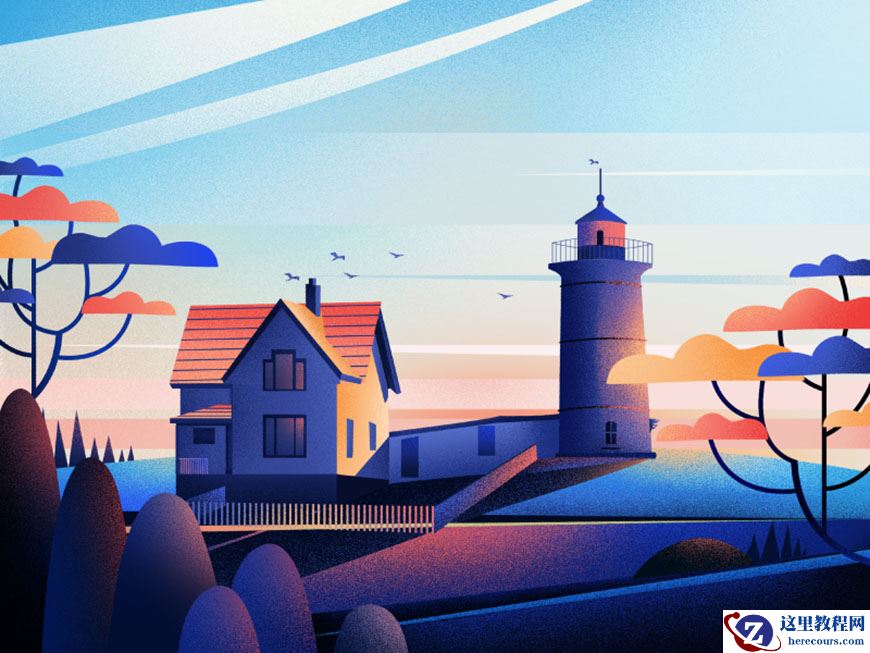 Illustrator绘制磨砂噪点风格的海边插画