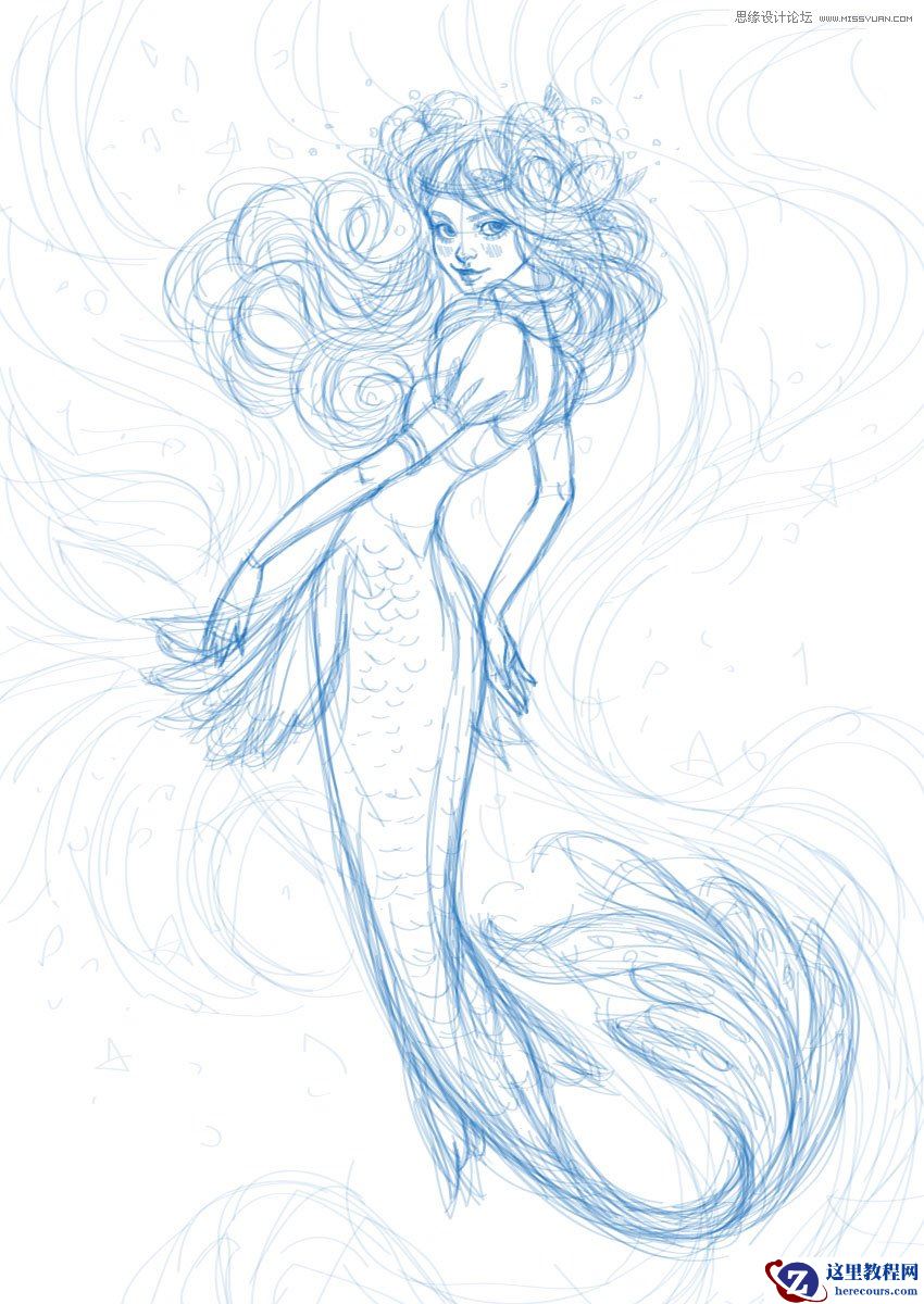 Illustrator绘制唯美的水彩美人鱼插图