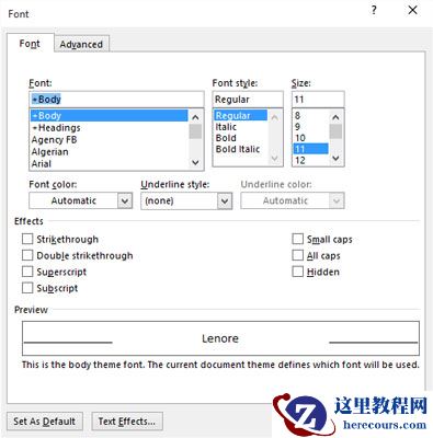 整齐有序的“字体”对话框。
