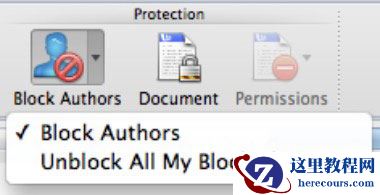<b>Word</b>文档顶部功能区中的“阻止作者”按钮。