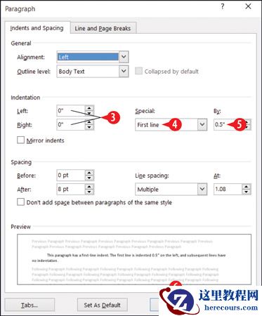 在“段落”对话框中设置缩进。