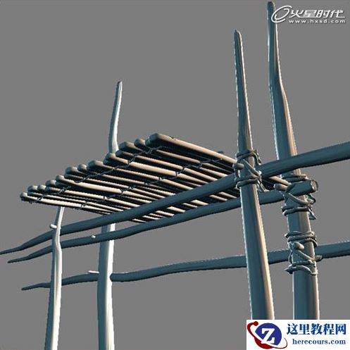 3ds MAX制作在高处的木质建筑物中居住着的人群