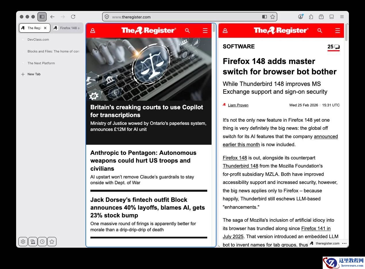 火狐 Firefox 浏览器 149 Beta 版首次默认启用窗口分栏浏览功能，正式版预计 3 月 24 日发布