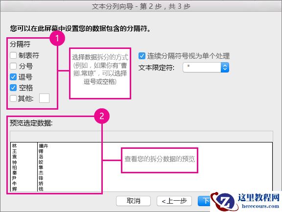 在向导的第 2 步,在“分隔符”下选择数据的分隔方式;你将可以在“预览”下看到数据的预览