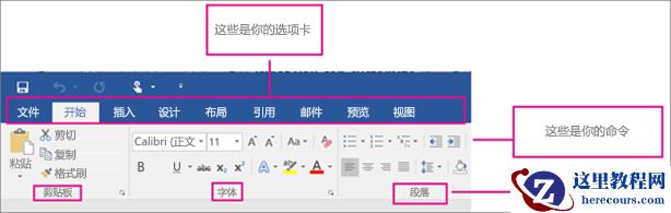 显示功能区的各个部分的图片:选项卡、命令、命令组