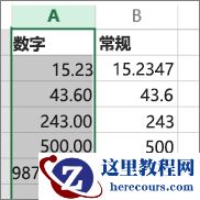 数字使用“数值”和“常规”之类不同格式时如何显示的示例。