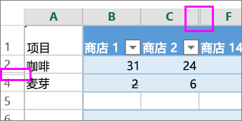 在行或列标题上的双线指示隐藏的列或行
