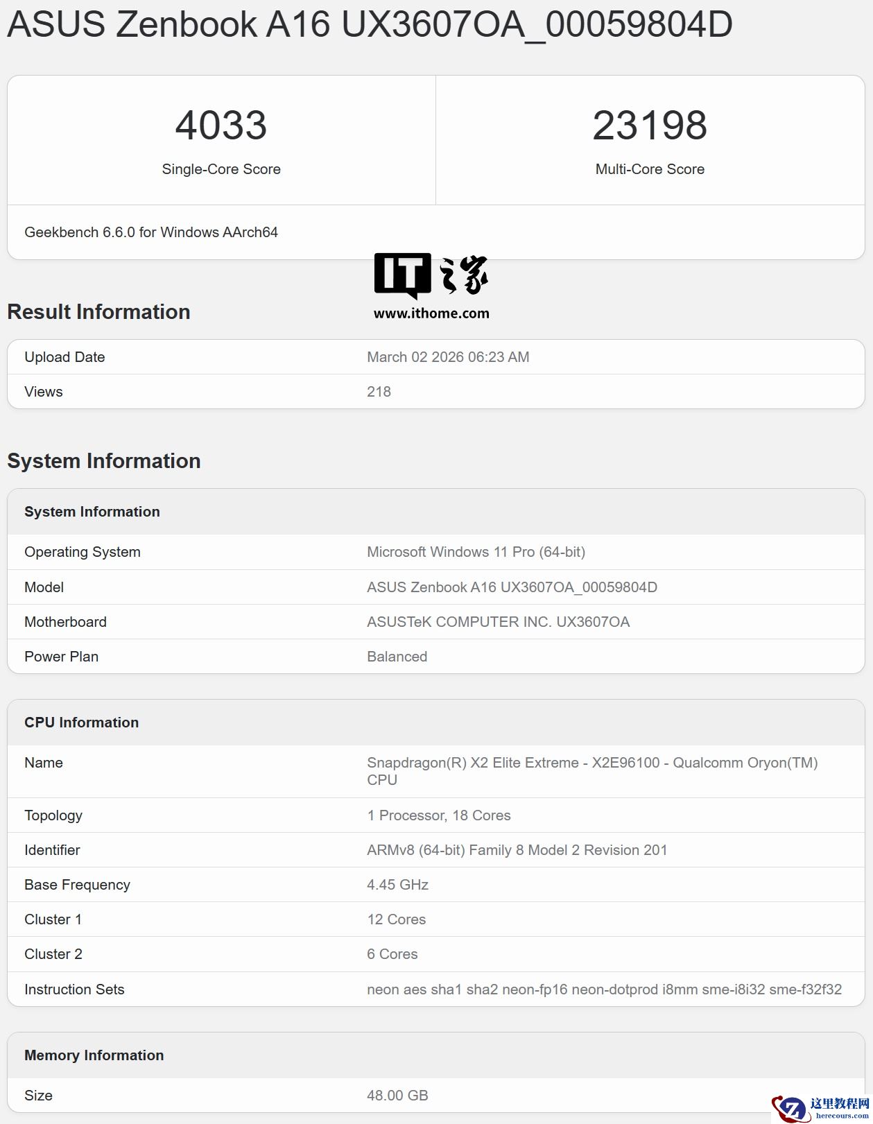 高通骁龙 X2E-96-100 旗舰芯片 GeekBench 跑分曝光：单核 4033 分