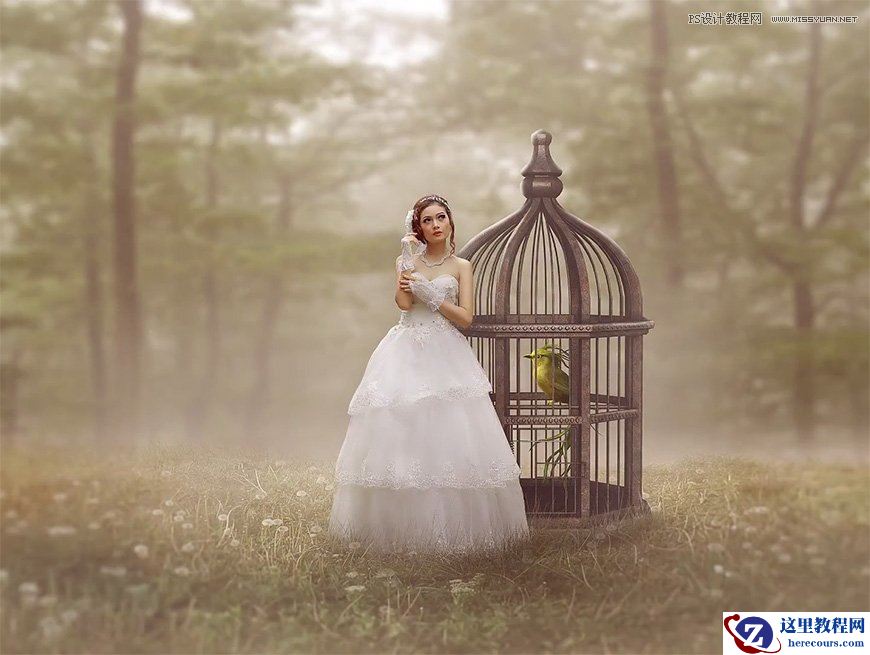 Photoshop合成森林中的新娘和鸟笼创意设计教程