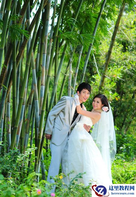 Photoshop打造梦幻淡调青蓝色的竹林婚纱照片调色教程