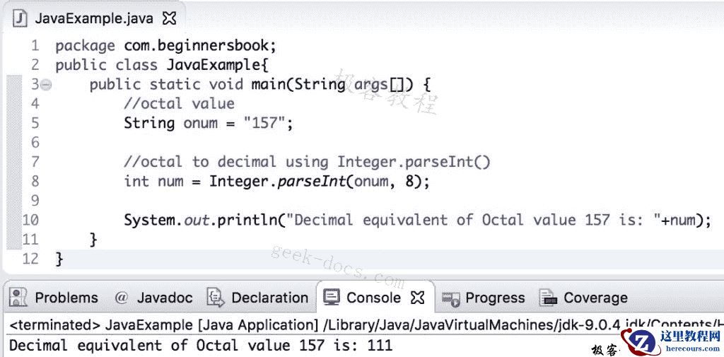 Java 实例 八进制到十进制的转换