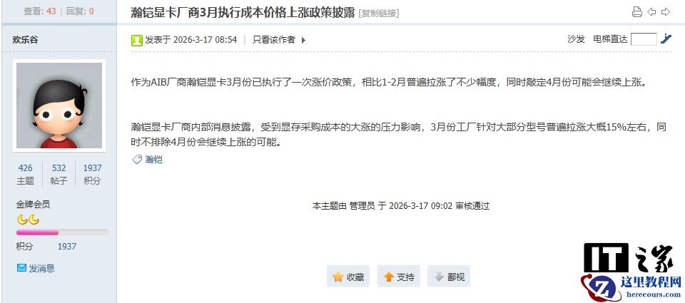 瀚铠显卡已执行涨价：大部分型号涨幅约 15%，不排除 4 月继续上涨的可能
