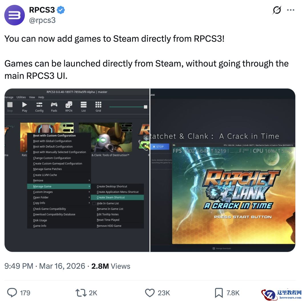 RPCS3 模拟器新增支持“将游戏添加到 Steam 客户端本地库”特性，便于玩家一键启动