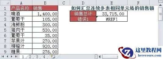 如何汇总连续多表相同单元格的销售额?