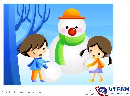 Illustrator鼠绘教程：绘制雪地上堆雪人的孩童插画