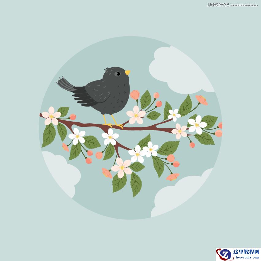 Illustrator绘制在枝叶上小鸟主题插画