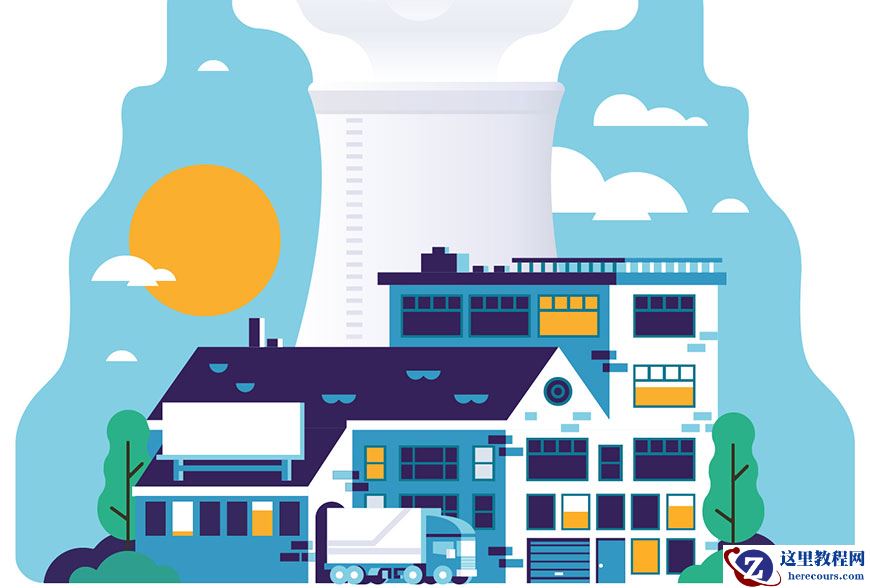 Illustrator绘制卡通风格的工业小镇插画