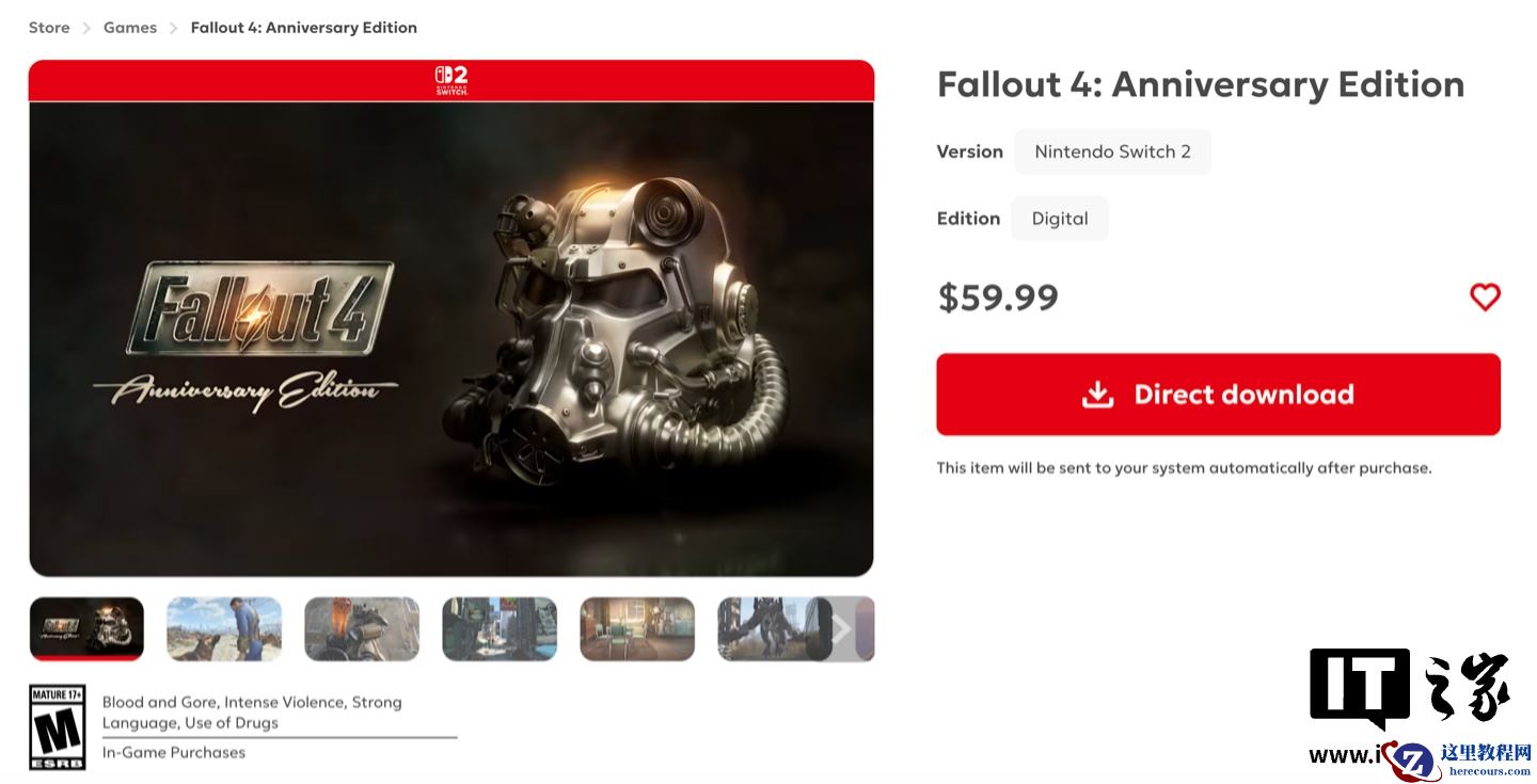 B 社《辐射 4 周年版》登陆任天堂 Switch 2 平台，游戏售 59.99 美元 / 428 港币