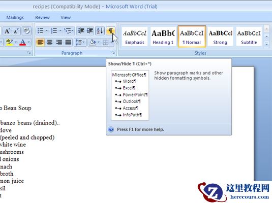 在Word 2007中显示或隐藏非打印字符？