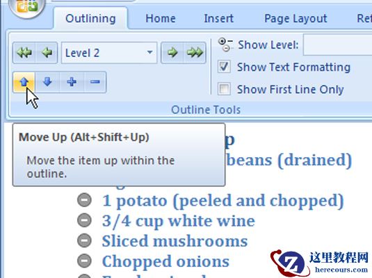 如何在Word 2007的大纲视图中重新排列主题