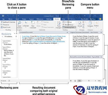 如何在Word 2016中比较文档的两个版本？