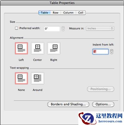 Mac的Word 2011：浏览表属性对话框？