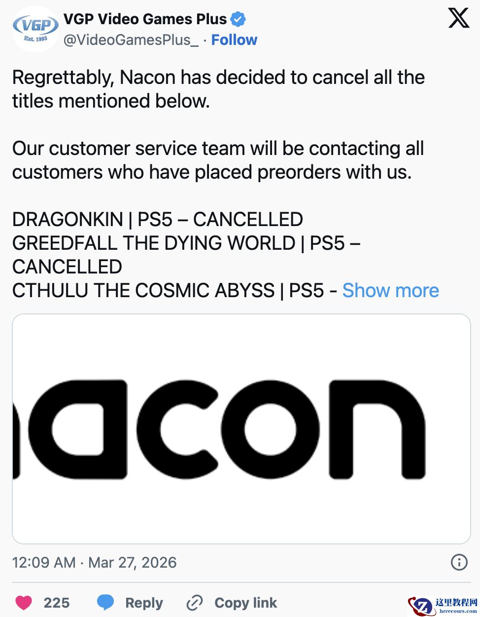 因面临财务危机，开发商 Nacon 取消旗下多款游戏实体版发行计划