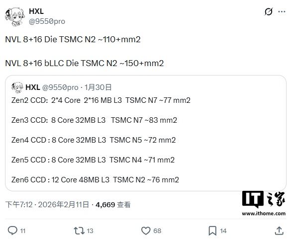 英特尔 Nova Lake 处理器尺寸曝光：单芯片面积远超 AMD，采用台积电代工